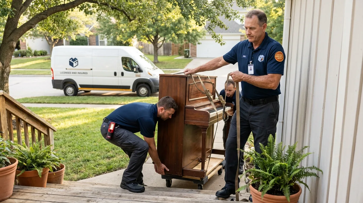 Licensed piano movers securing grand piano in Currituck, NC