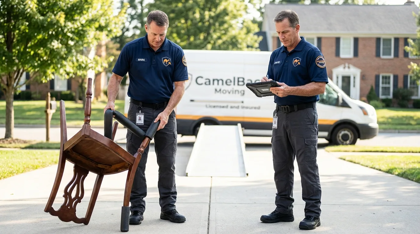 Movers inspecting furniture for damage prevention before loading in Currituck, NC