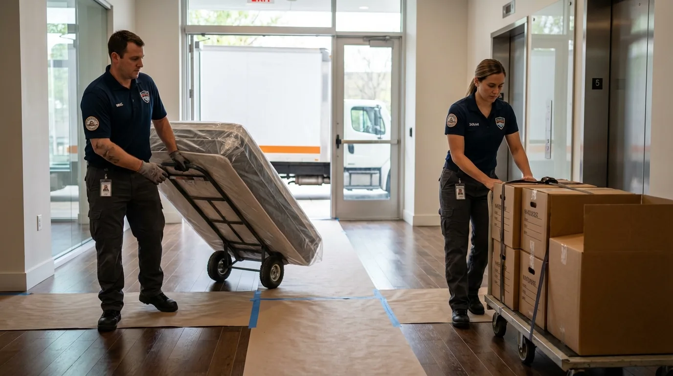 Professional apartment movers loading elevator in Currituck, NC